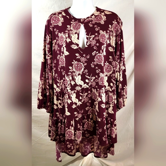 Cato Tops - CATO Burgundy and Cream Floral Print Cutout Neckline Top - Size 18/20W